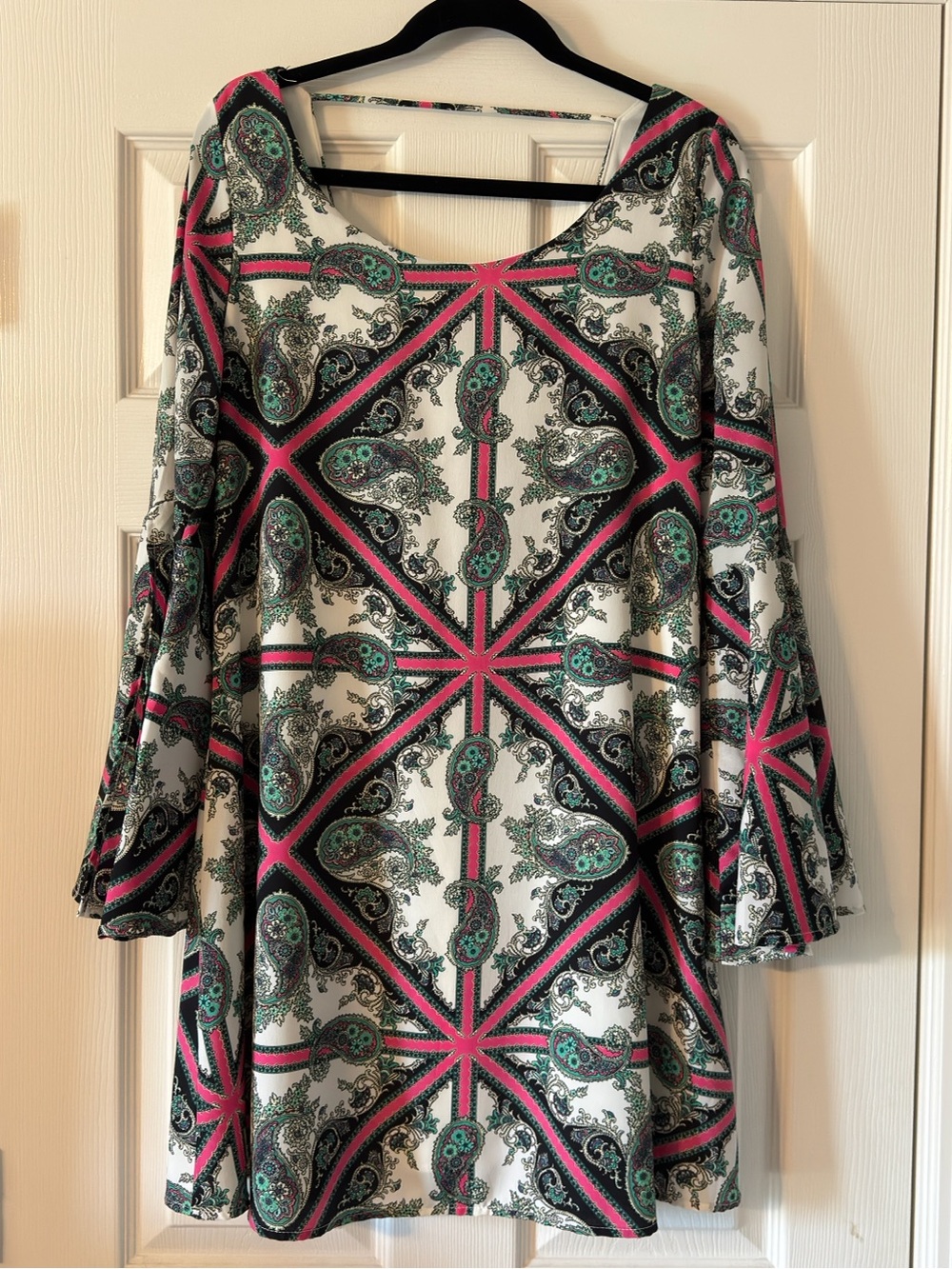 hello miss White Swing Dress with Pink & Green Paisley Print
